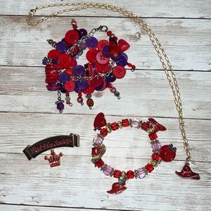 RED HAT SOCIETY Jewelry Bundle Necklace, 2 Bracelets, Pin/Brooch EUC Purple